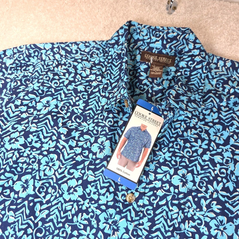 Cooke Street Hawaiian Shirt Mens L Blue Floral‎ Short Sleeve Button Up Beach NWT